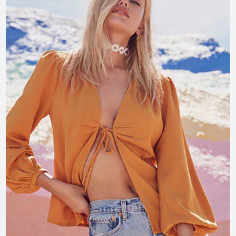 Revolve By The Way Gold Mustard Tie-Front Blouse